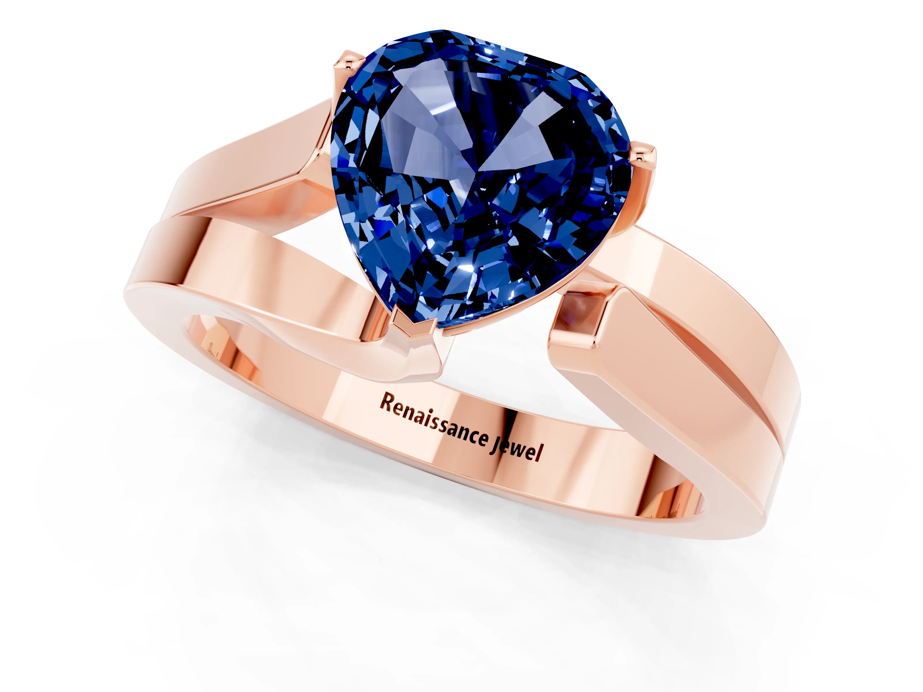 Rose gold Modern Tension Set Heart Cut Blue Sapphire Solitaire Wide Band Ring_1