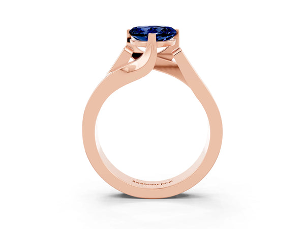 Rose gold Modern Tension Set Heart Cut Blue Sapphire Solitaire Wide Band Ring