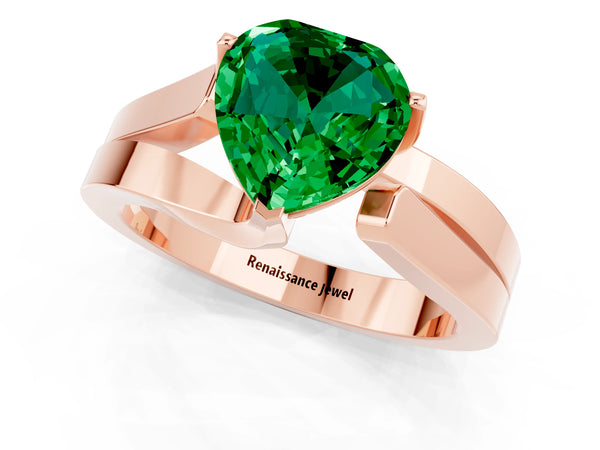 Rose gold Modern Tension Set Heart Cut Emerald Solitaire Wide Band Ring