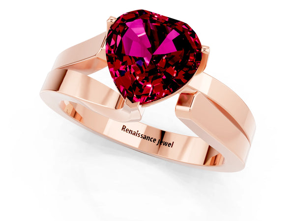 Rose gold Modern Tension Set Heart Cut Garnet Solitaire Wide Band Ring