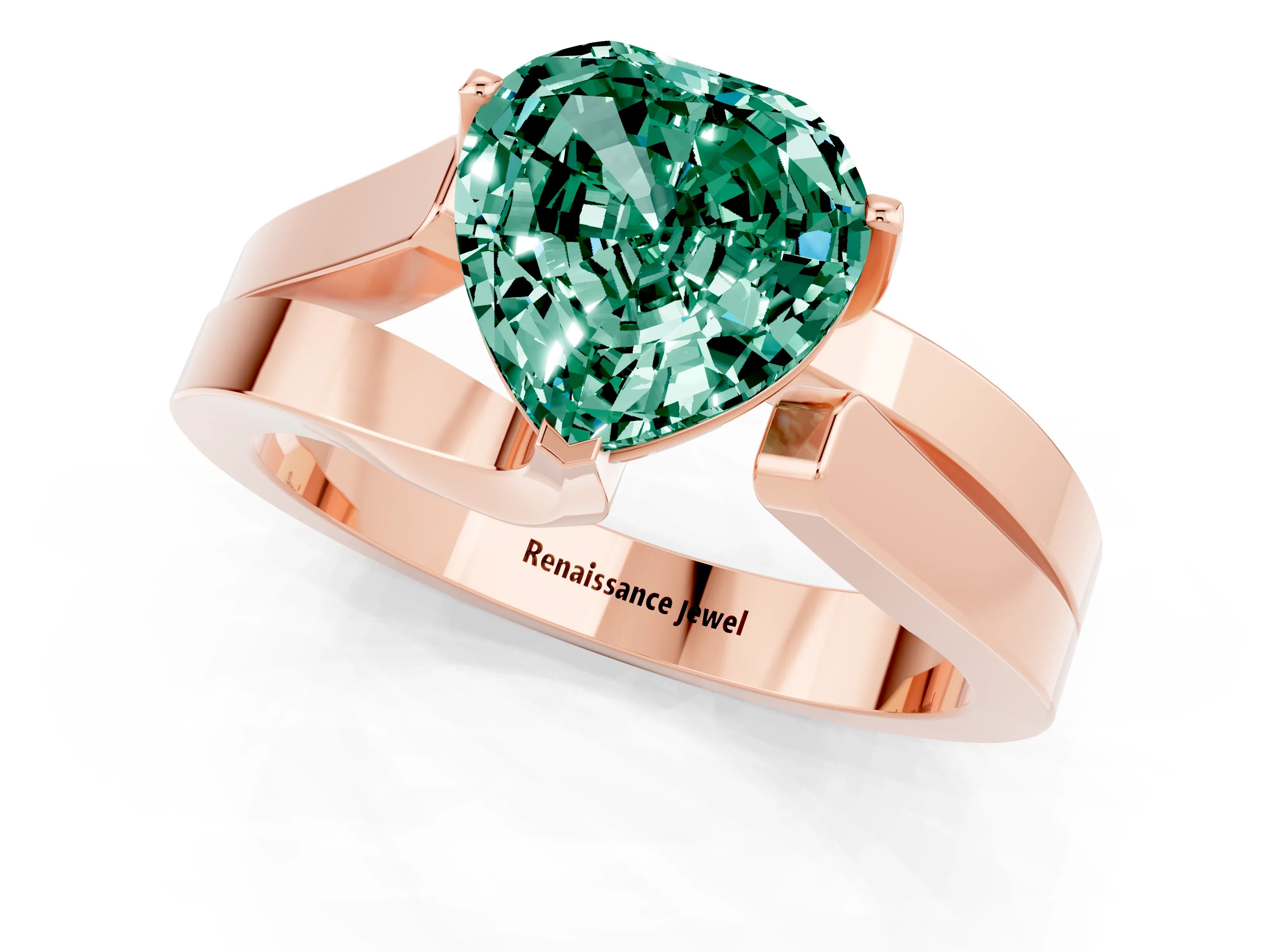 Rose gold Modern Tension Set Heart Cut Green Sapphire Solitaire Wide Band Ring_1