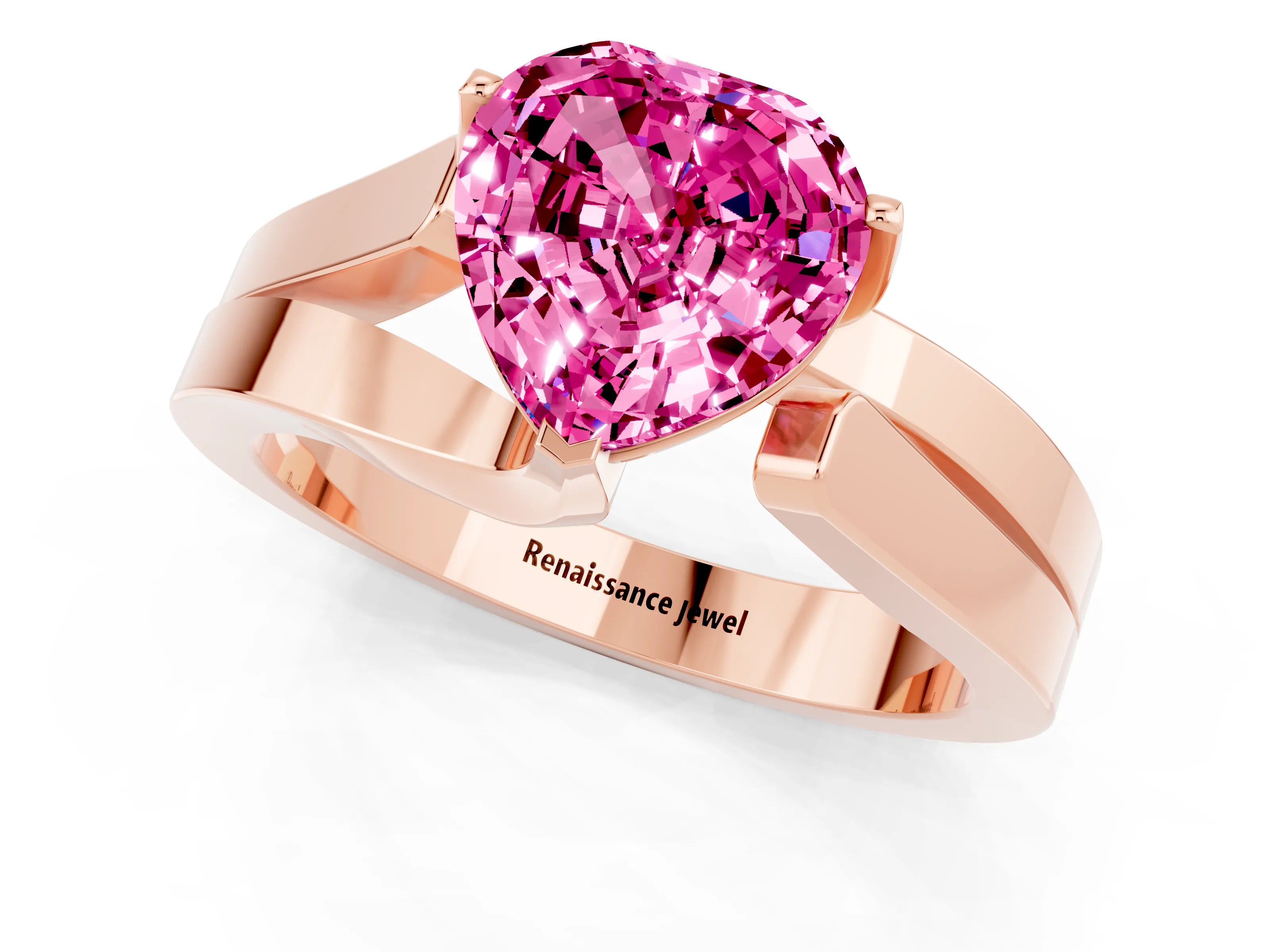 Rose gold Modern Tension Set Heart Cut Pink Sapphire Solitaire Wide Band Ring_13