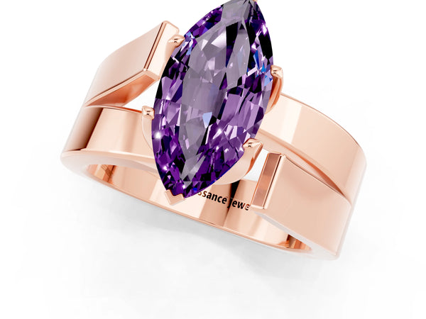 Rose gold Modern Tension Set Marquise Cut Amethyst Solitaire Wide Band Ring