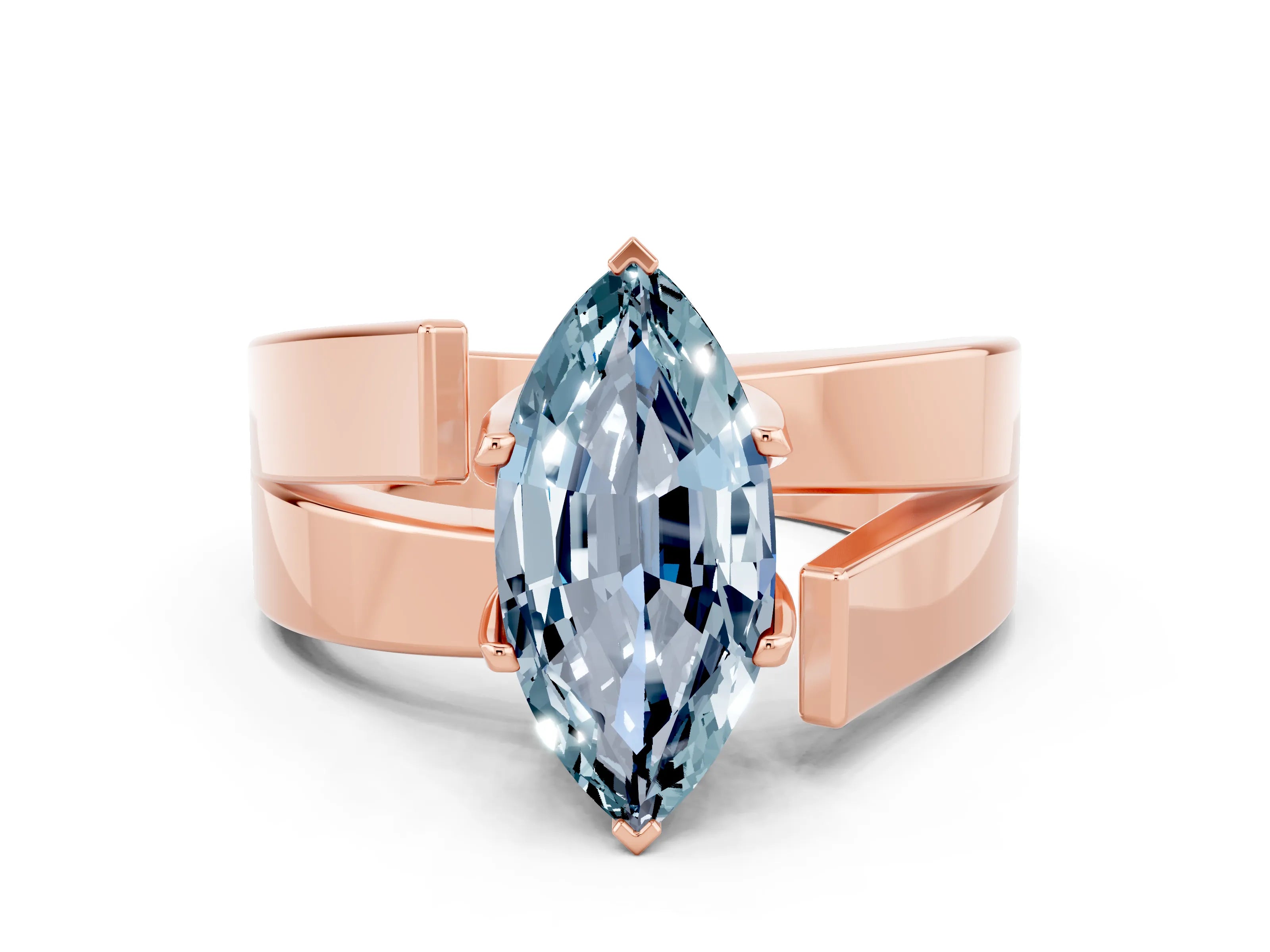 Rose gold Modern Tension Set Marquise Cut Aquamarine Solitaire Wide Band Ring