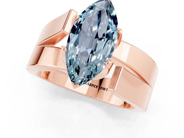 Rose gold Modern Tension Set Marquise Cut Aquamarine Solitaire Wide Band Ring
