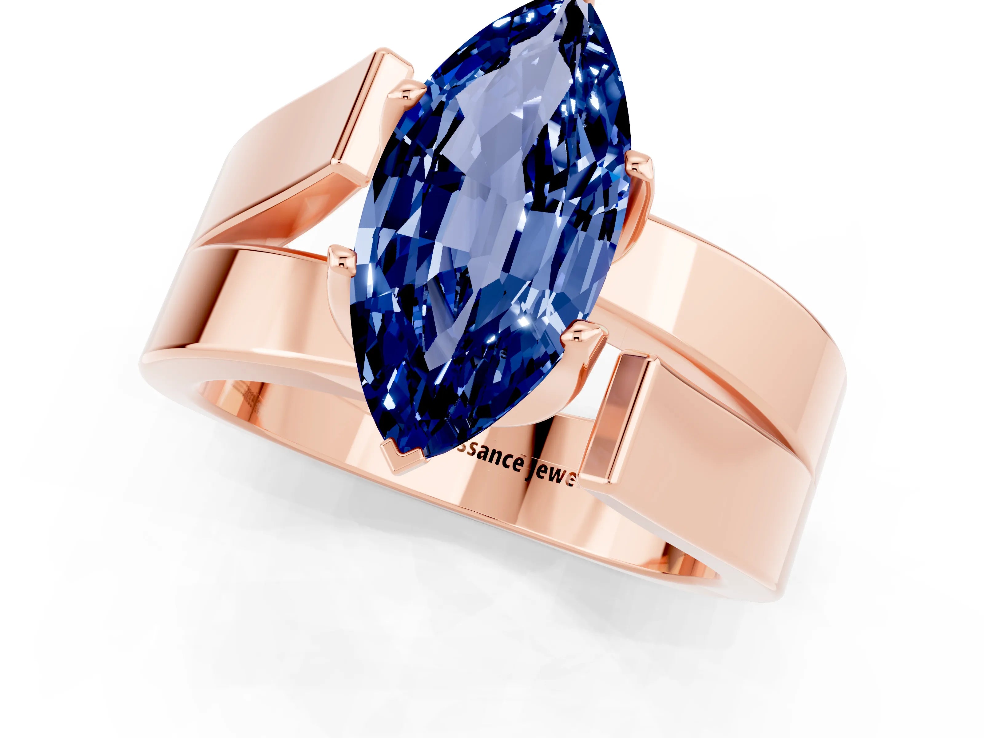 Rose gold Modern Tension Set Marquise Cut Blue Sapphire Solitaire Wide Band Ring_1