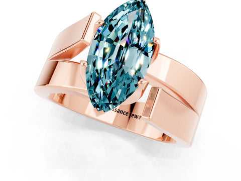 Rose gold Modern Tension Set Marquise Cut Blue Topaz Solitaire Wide Band Ring_1
