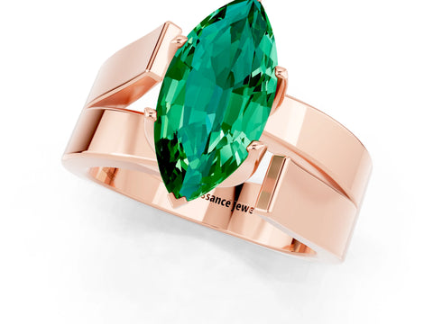 Rose gold Modern Tension Set Marquise Cut Emerald Solitaire Wide Band Ring_1