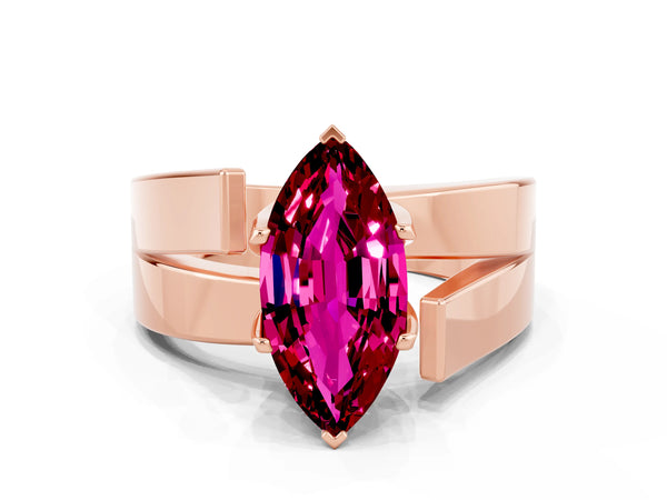 Rose gold Modern Tension Set Marquise Cut Garnet Solitaire Wide Band Ring