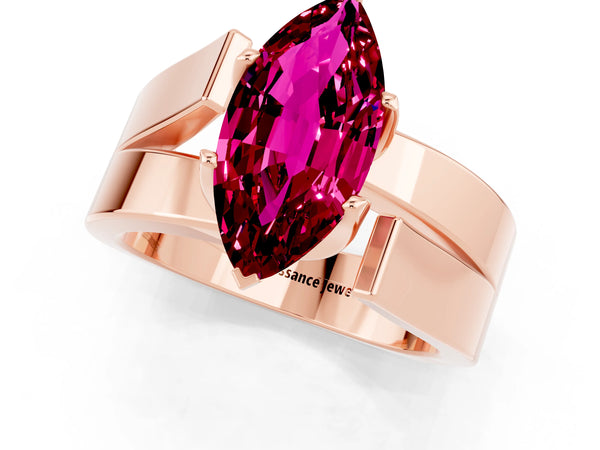 Rose gold Modern Tension Set Marquise Cut Garnet Solitaire Wide Band Ring