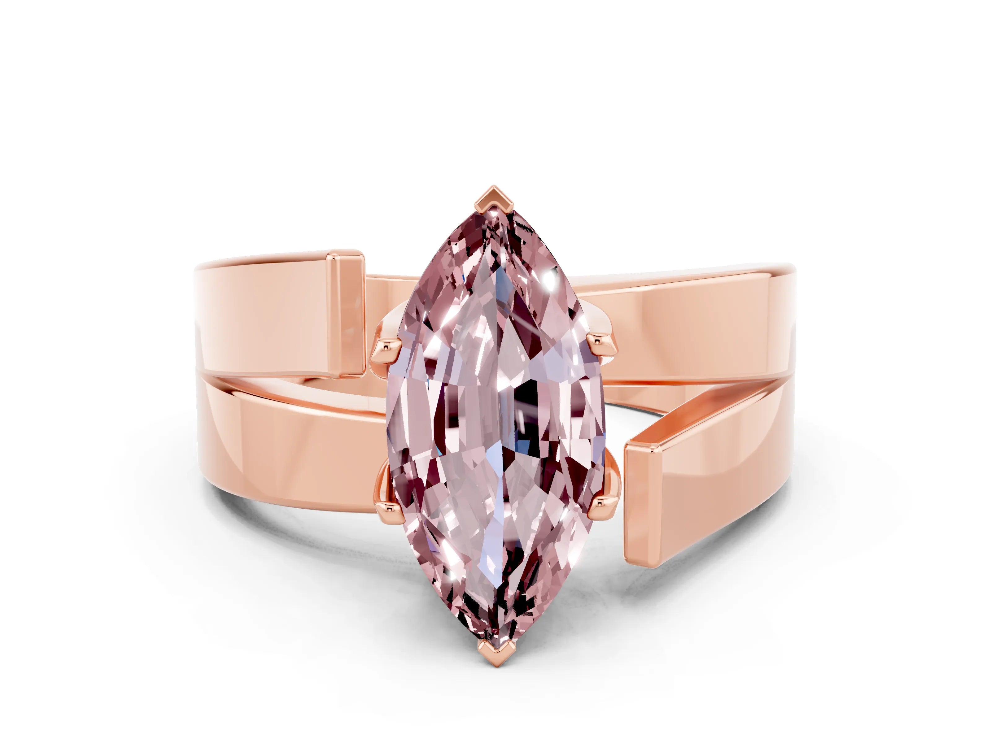 Rose gold Modern Tension Set Marquise Cut Morganite Solitaire Wide Band Ring