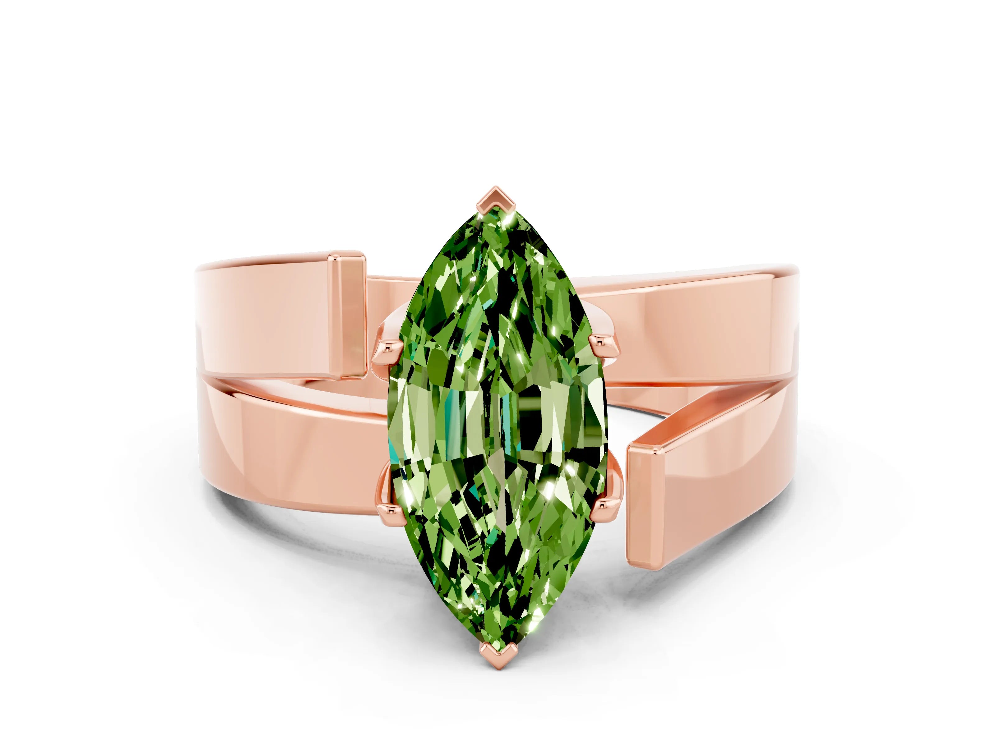 Rose gold Modern Tension Set Marquise Cut Peridot Solitaire Wide Band Ring