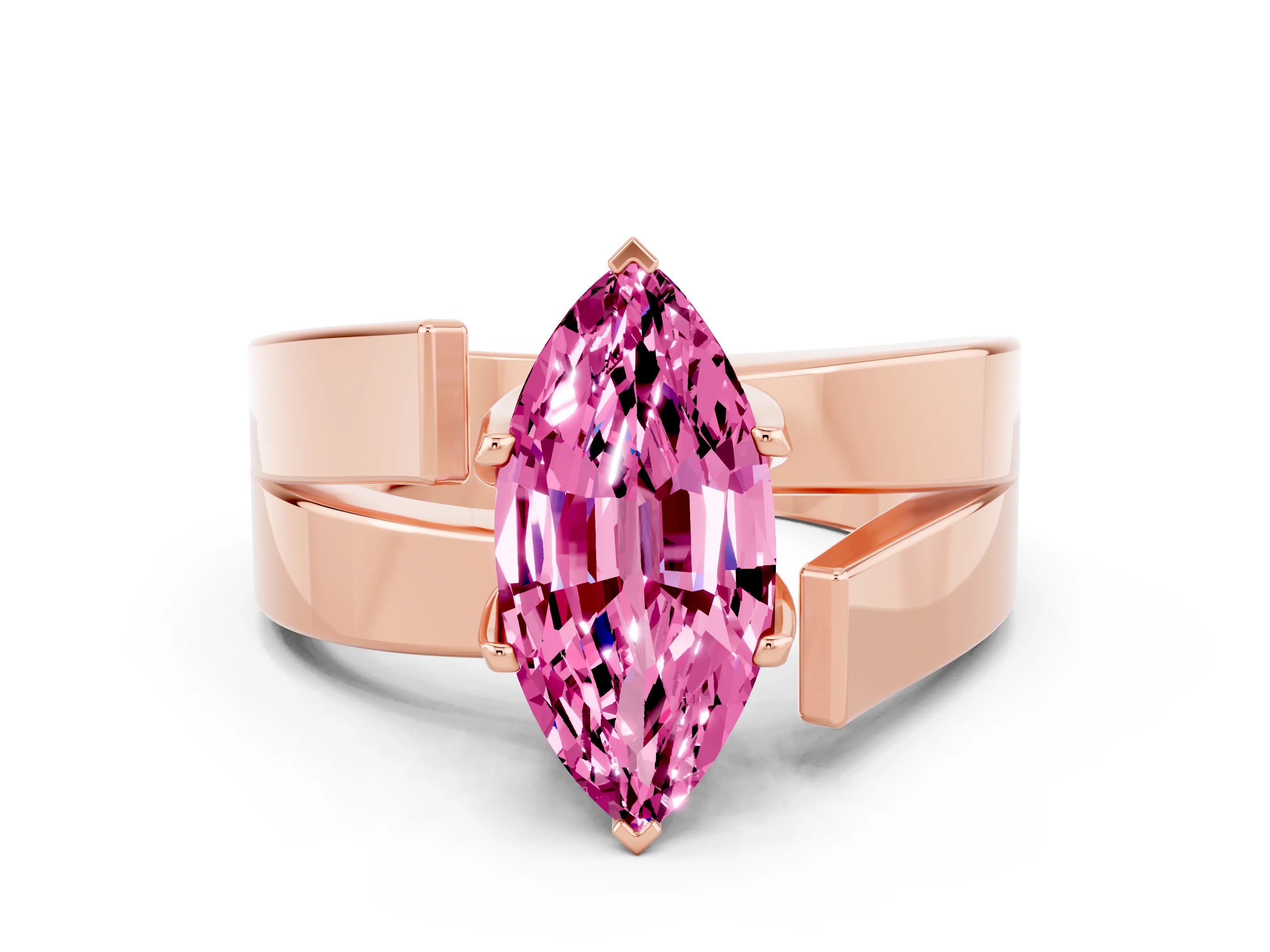 Rose gold Modern Tension Set Marquise Cut Pink Sapphire Solitaire Wide Band Ring_12