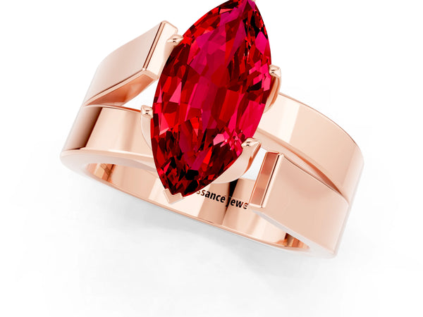 Rose gold Modern Tension Set Marquise Cut Ruby Solitaire Wide Band Ring