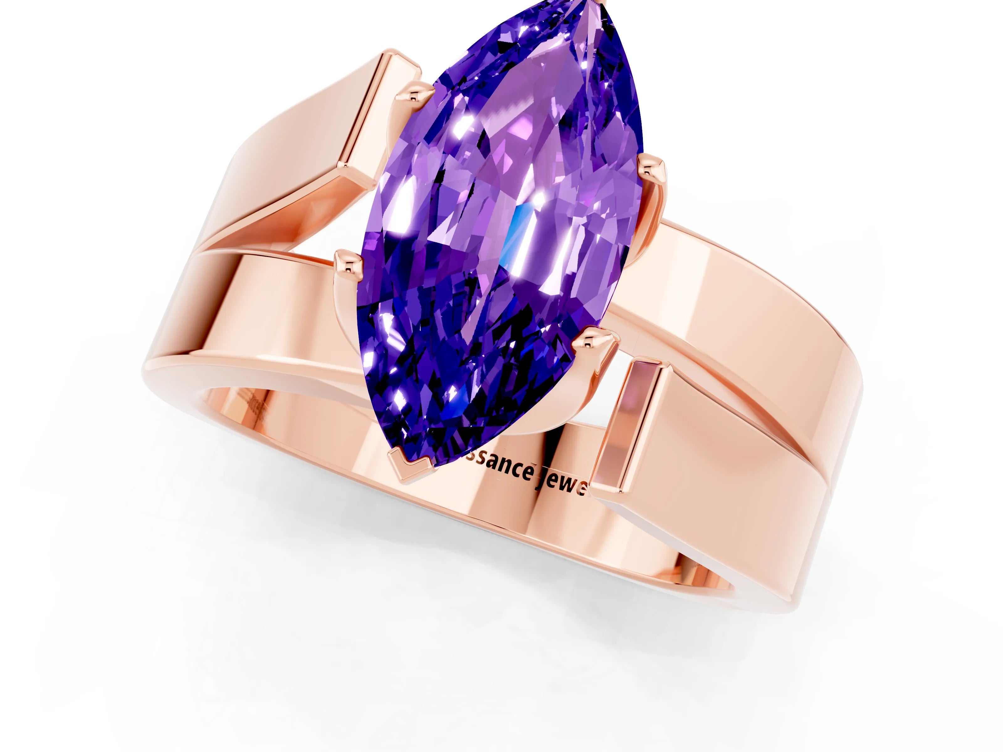 Rose gold Modern Tension Set Marquise Cut Tanzanite Solitaire Wide Band Ring_1