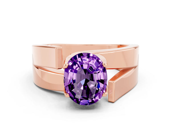 Rose gold Modern Tension Set Oval Cut Amethyst Solitaire Wide Band Ring