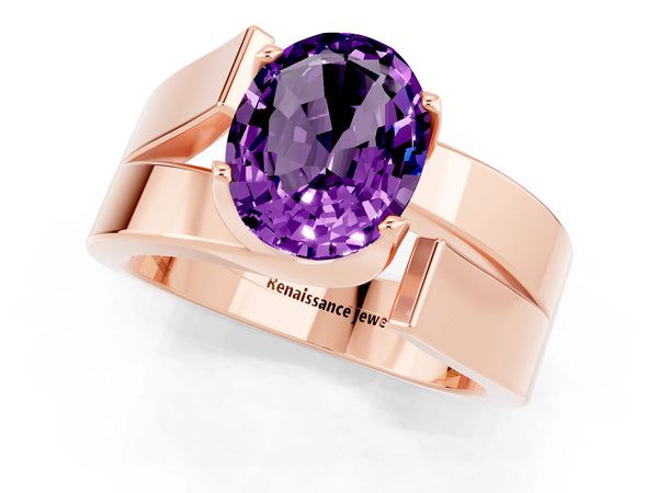 Rose gold Modern Tension Set Oval Cut Amethyst Solitaire Wide Band Ring