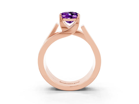 Rose gold Modern Tension Set Oval Cut Amethyst Solitaire Wide Band Ring_3