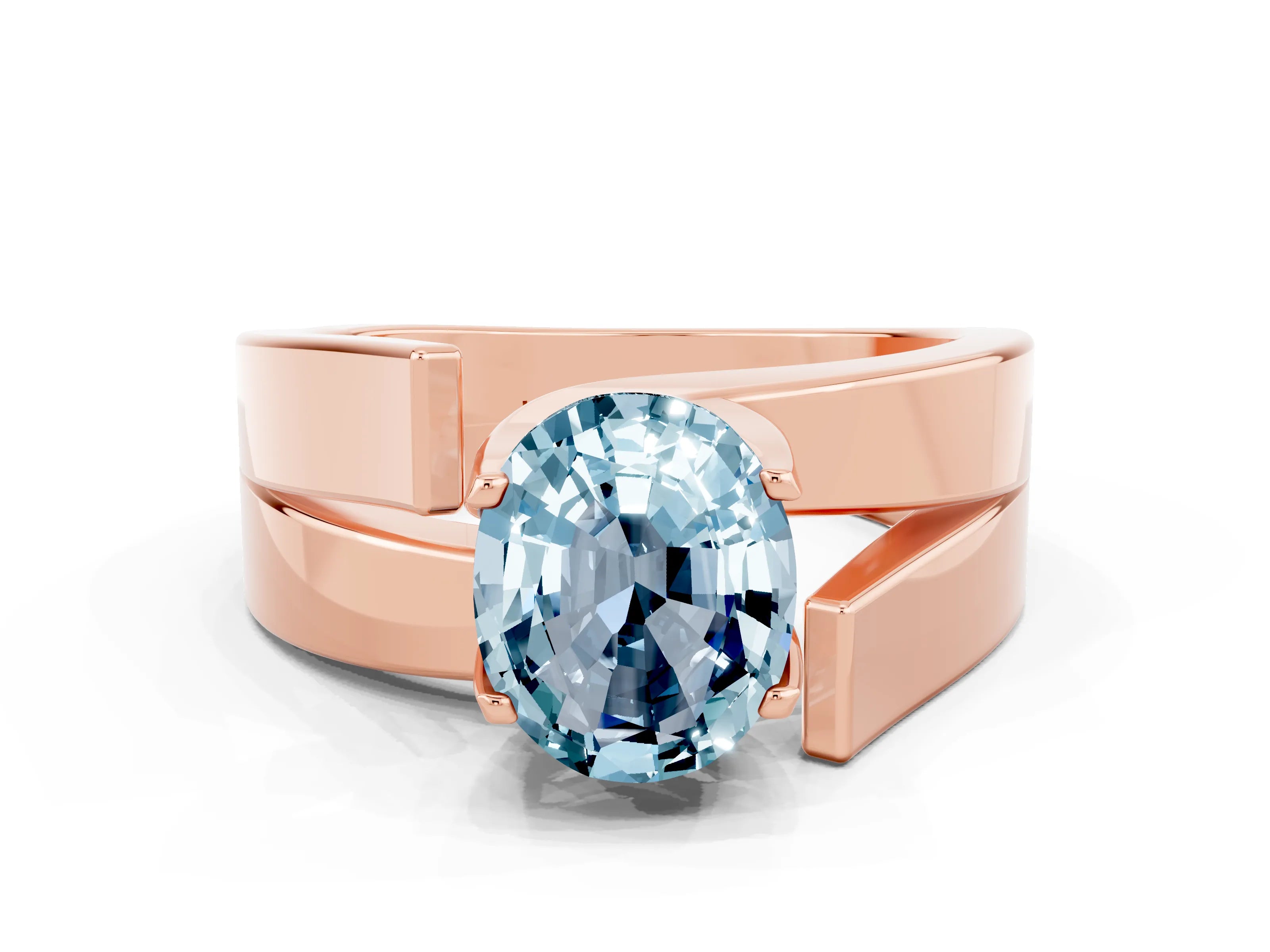 Rose gold Modern Tension Set Oval Cut Aquamarine Solitaire Wide Band Ring