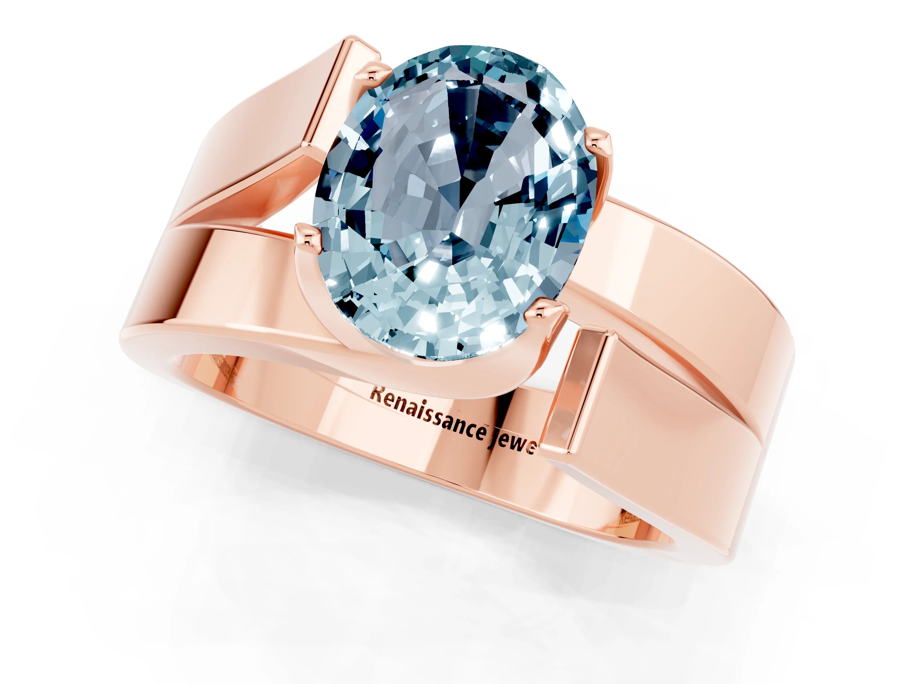 Rose gold Modern Tension Set Oval Cut Aquamarine Solitaire Wide Band Ring_1