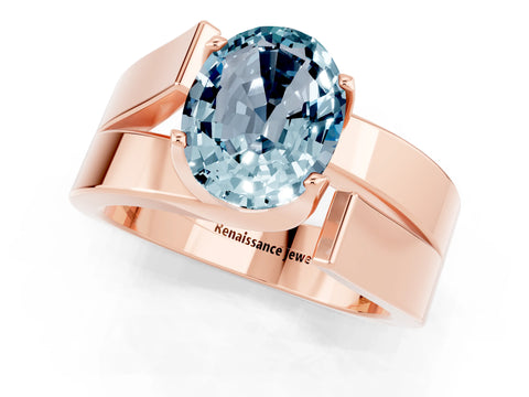 Rose gold Modern Tension Set Oval Cut Aquamarine Solitaire Wide Band Ring_1