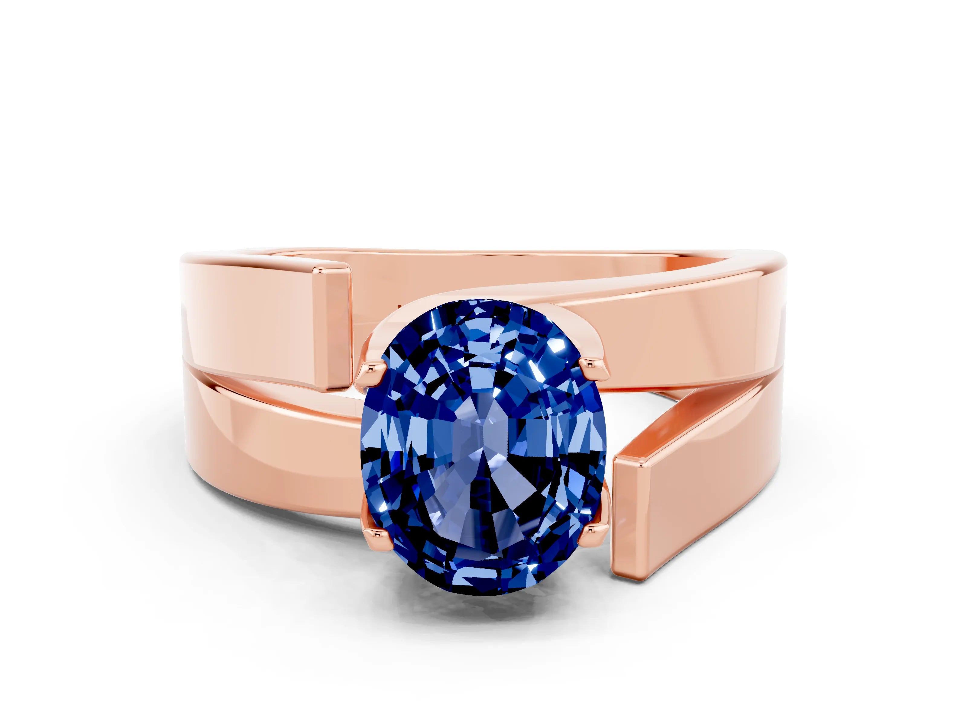 Rose gold Modern Tension Set Oval Cut Blue Sapphire Solitaire Wide Band Ring