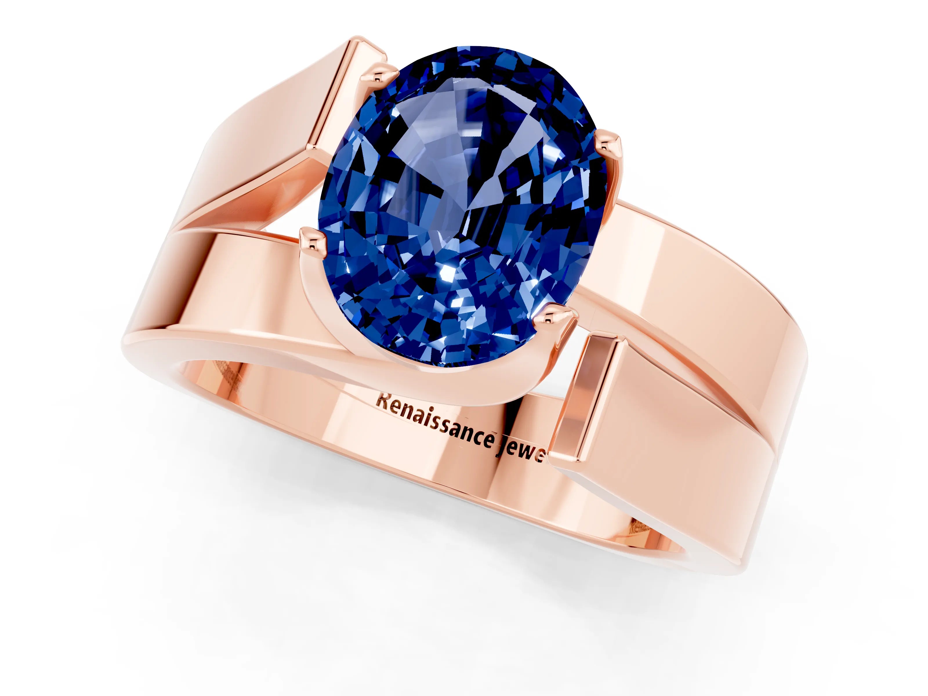 Rose gold Modern Tension Set Oval Cut Blue Sapphire Solitaire Wide Band Ring_1