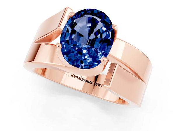 Rose gold Modern Tension Set Oval Cut Blue Sapphire Solitaire Wide Band Ring