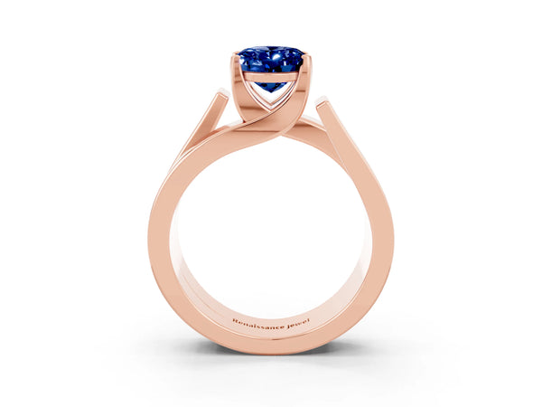 Rose gold Modern Tension Set Oval Cut Blue Sapphire Solitaire Wide Band Ring