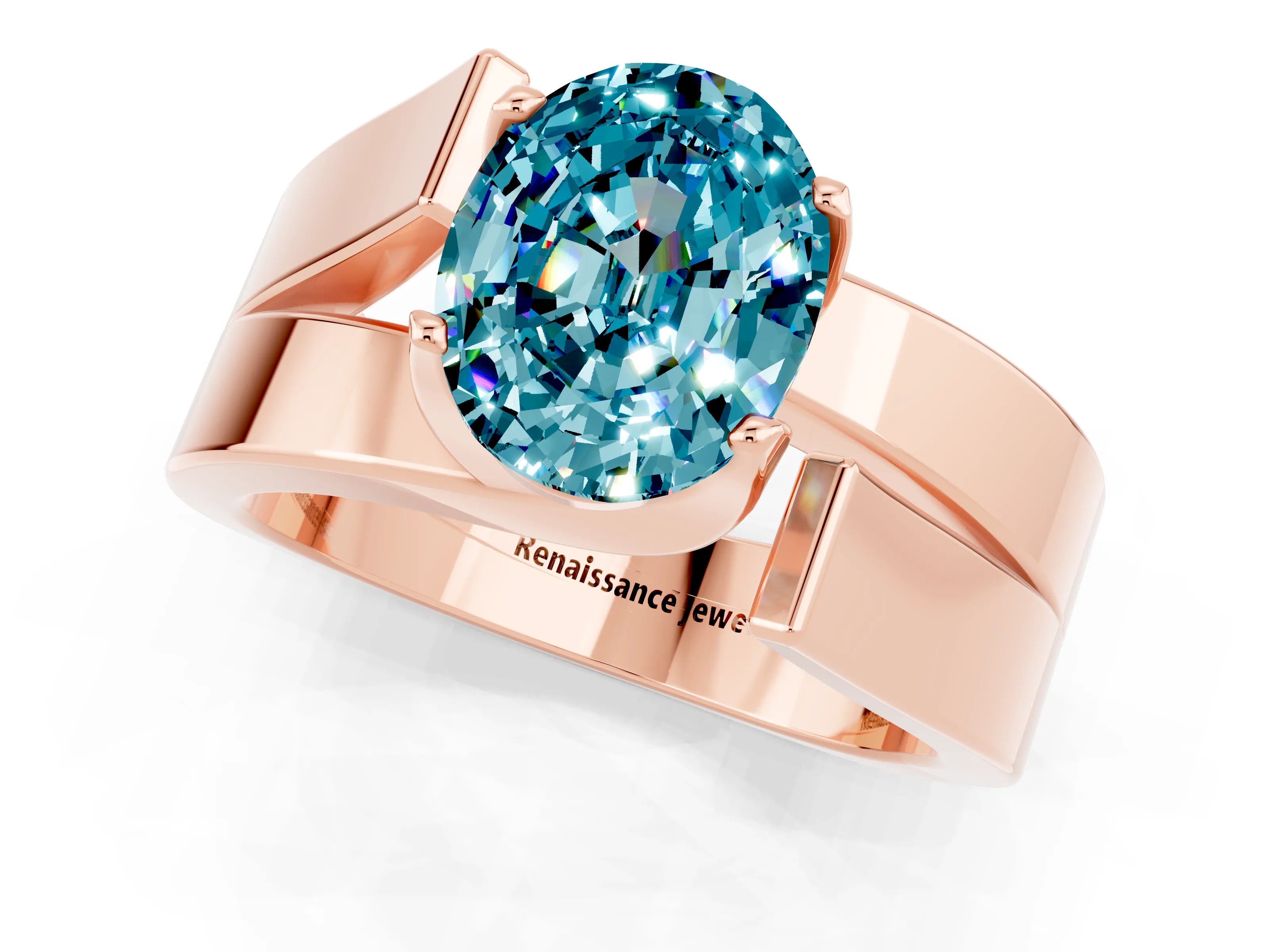 Rose gold Modern Tension Set Oval Cut Blue Topaz Solitaire Wide Band Ring_1