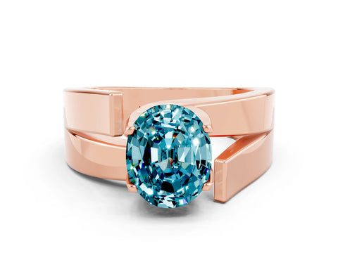 Rose gold Modern Tension Set Oval Cut Blue Topaz Solitaire Wide Band Ring