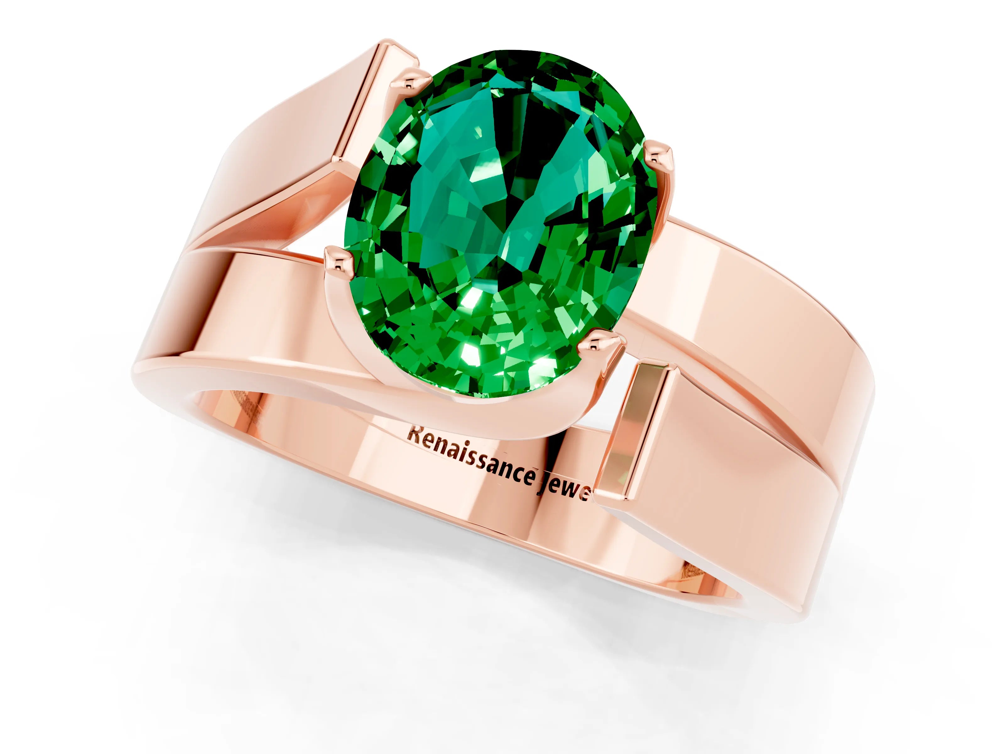 Rose gold Modern Tension Set Oval Cut Emerald Solitaire Wide Band Ring_1