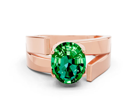 Rose gold Modern Tension Set Oval Cut Emerald Solitaire Wide Band Ring
