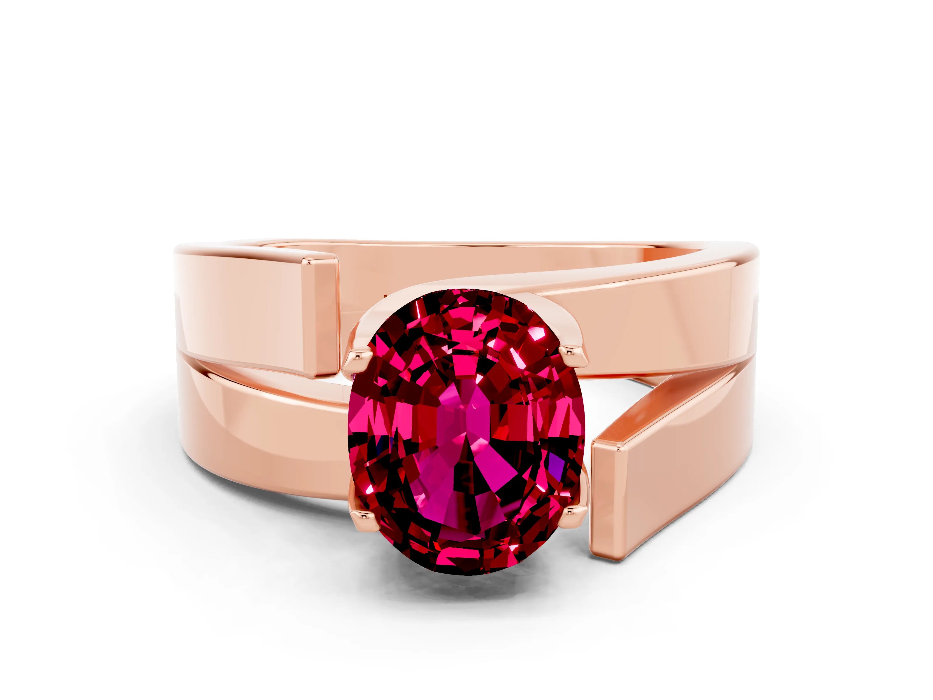Rose gold Modern Tension Set Oval Cut Garnet Solitaire Wide Band Ring