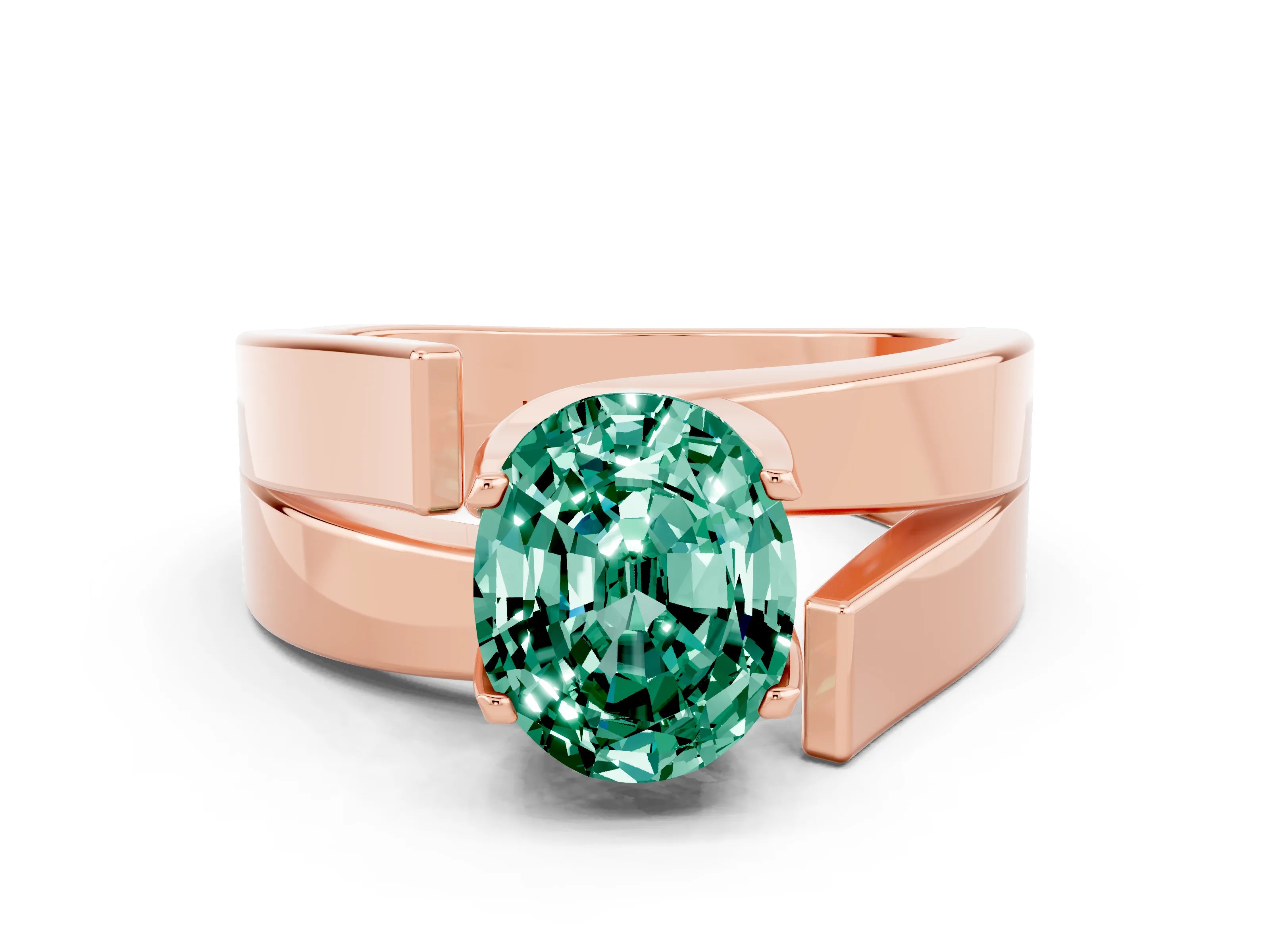Rose gold Modern Tension Set Oval Cut Green Sapphire Solitaire Wide Band Ring