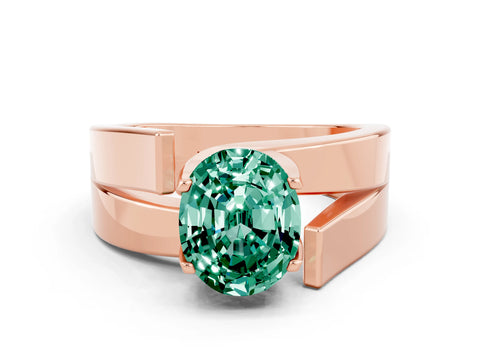 Rose gold Modern Tension Set Oval Cut Green Sapphire Solitaire Wide Band Ring