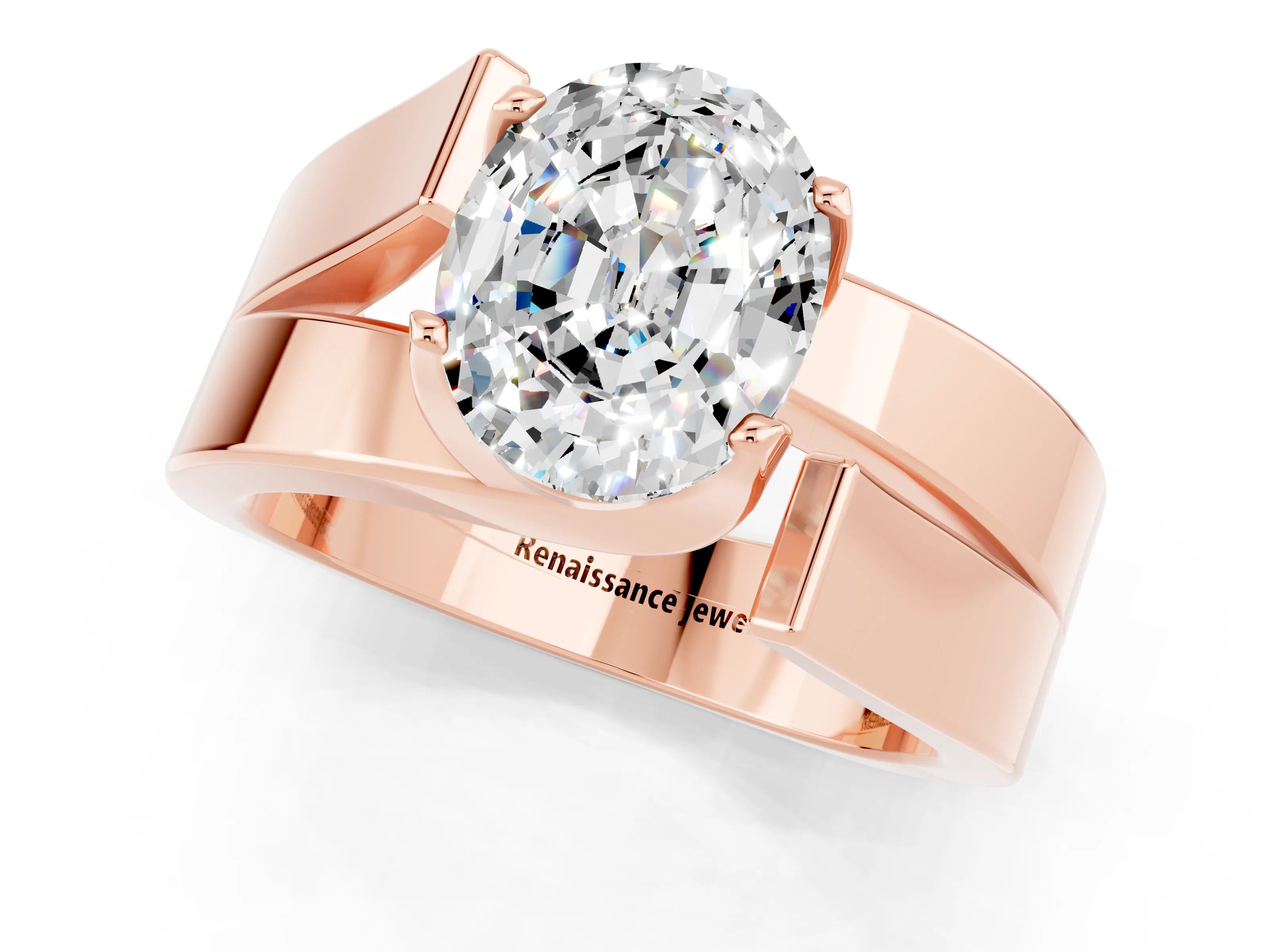 Rose gold Modern Tension Set Oval Cut Moissanite Solitaire Wide Band Ring_1