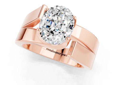 Rose gold Modern Tension Set Oval Cut Moissanite Solitaire Wide Band Ring_1