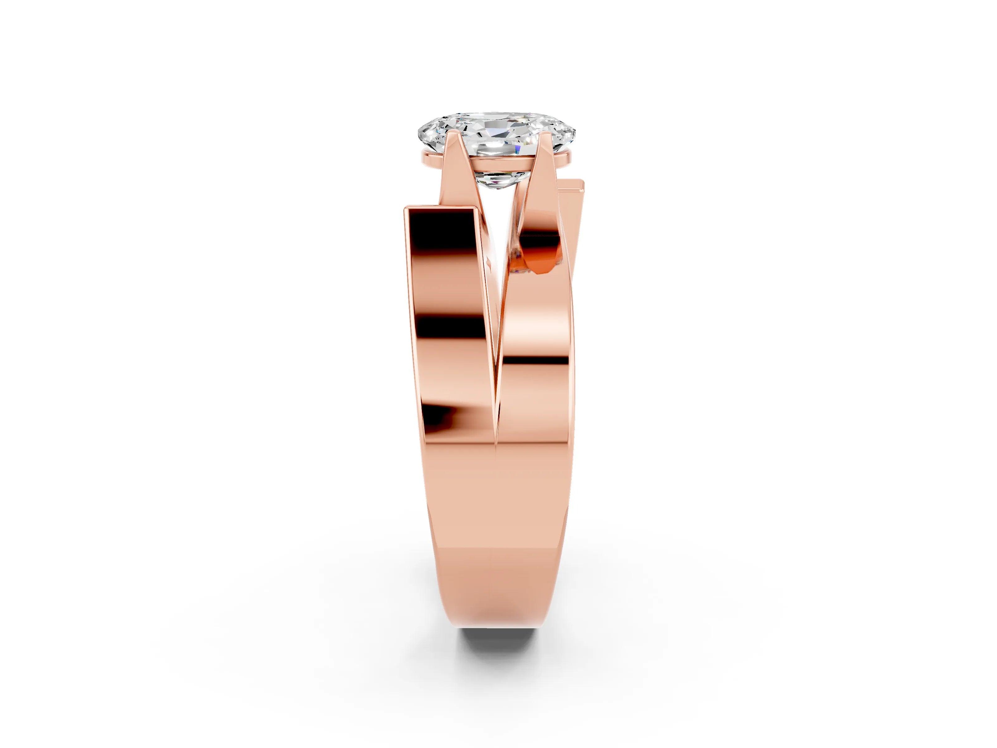 Rose gold Modern Tension Set Oval Cut Moissanite Solitaire Wide Band Ring_2