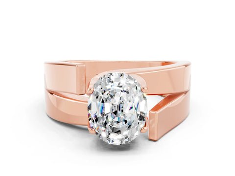 Rose gold Modern Tension Set Oval Cut Moissanite Solitaire Wide Band Ring