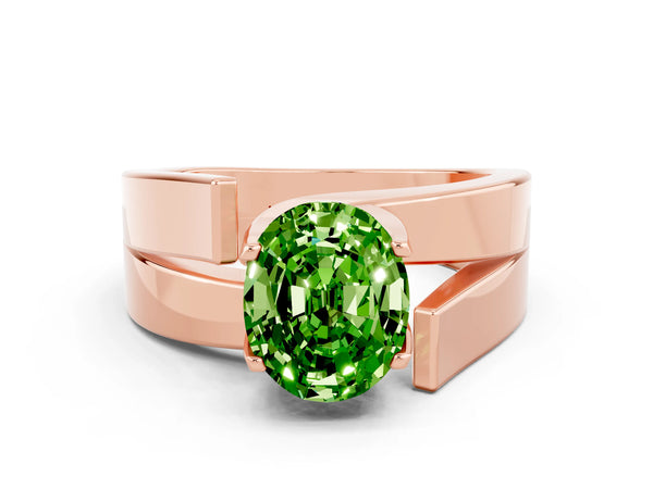 Rose gold Modern Tension Set Oval Cut Peridot Solitaire Wide Band Ring