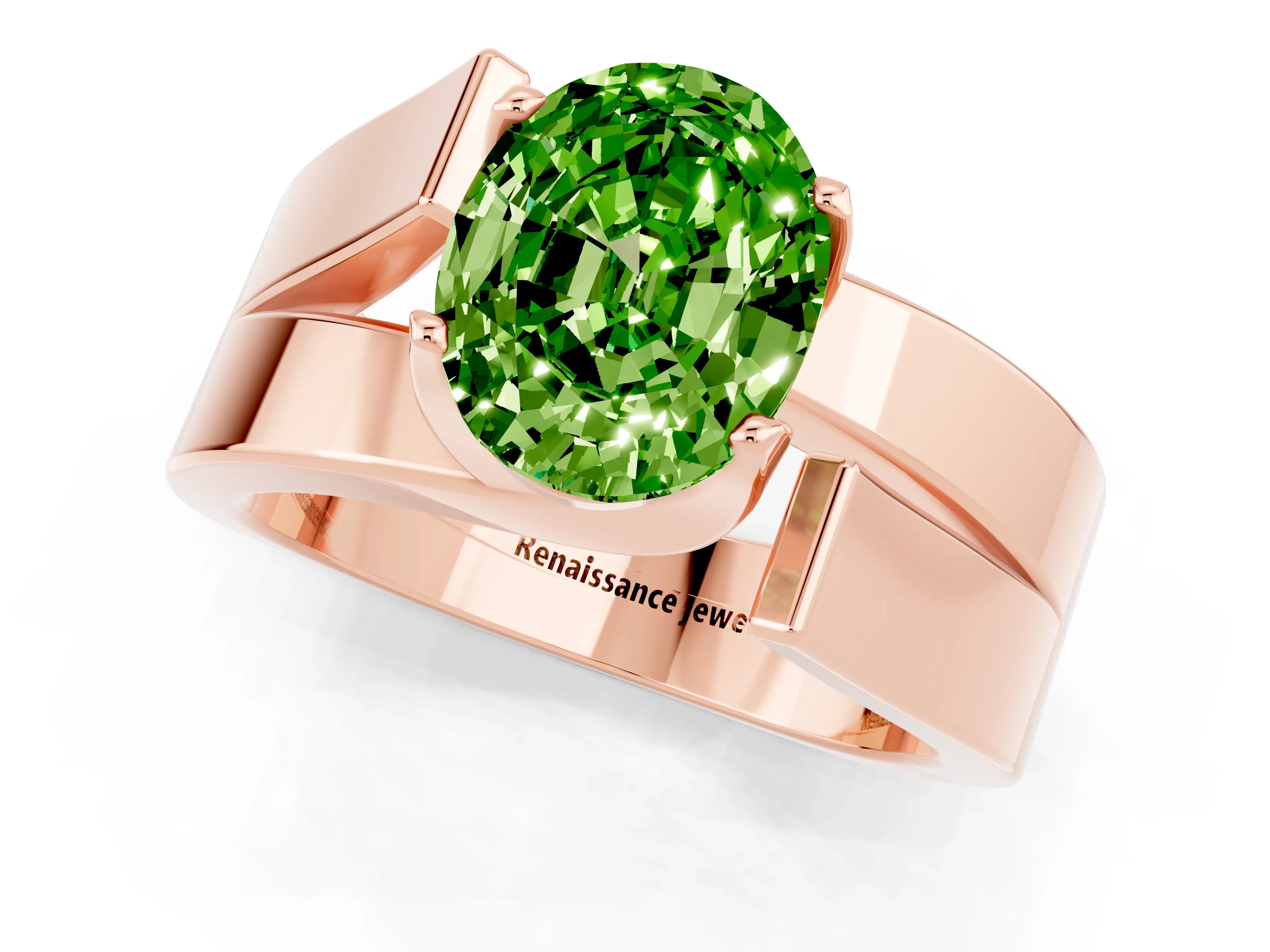 Rose gold Modern Tension Set Oval Cut Peridot Solitaire Wide Band Ring_1