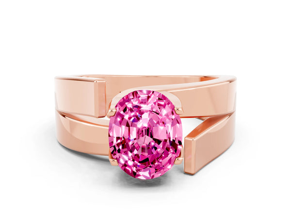 Rose gold Modern Tension Set Oval Cut Pink Sapphire Solitaire Wide Band Ring