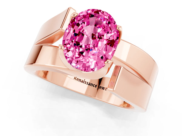 Rose gold Modern Tension Set Oval Cut Pink Sapphire Solitaire Wide Band Ring