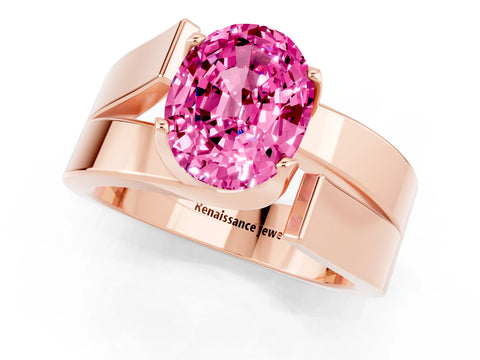 Rose gold Modern Tension Set Oval Cut Pink Sapphire Solitaire Wide Band Ring_13