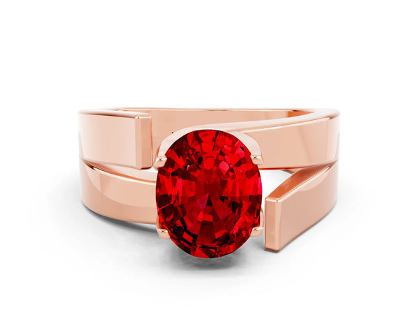 Rose gold Modern Tension Set Oval Cut Ruby Solitaire Wide Band Ring