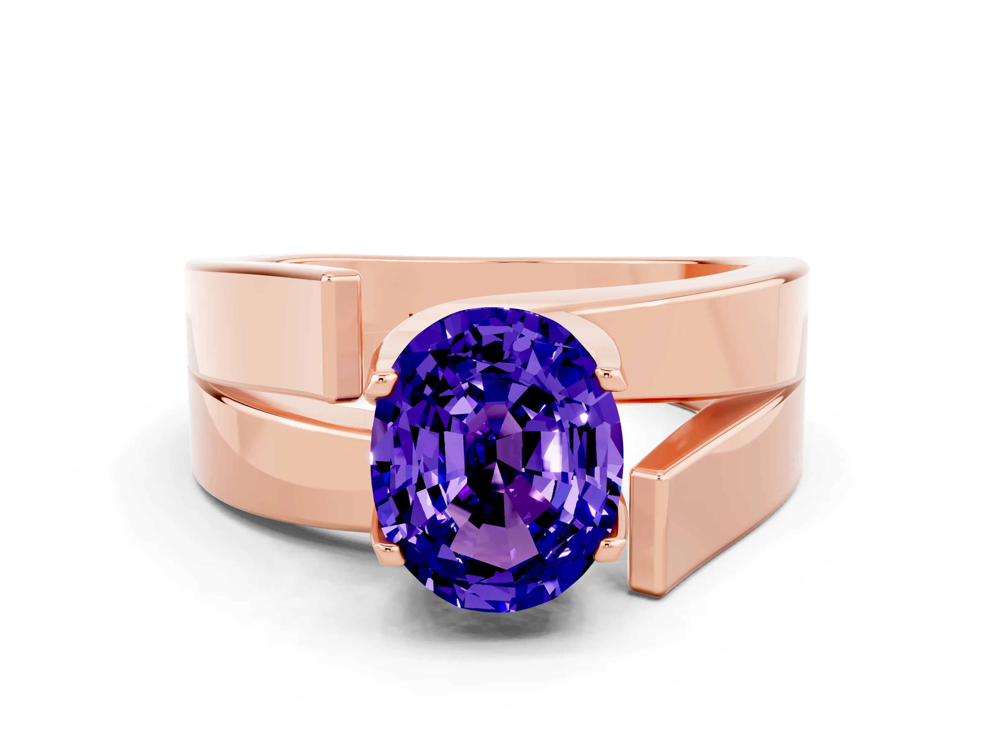 Rose gold Modern Tension Set Oval Cut Tanzanite Solitaire Wide Band Ring