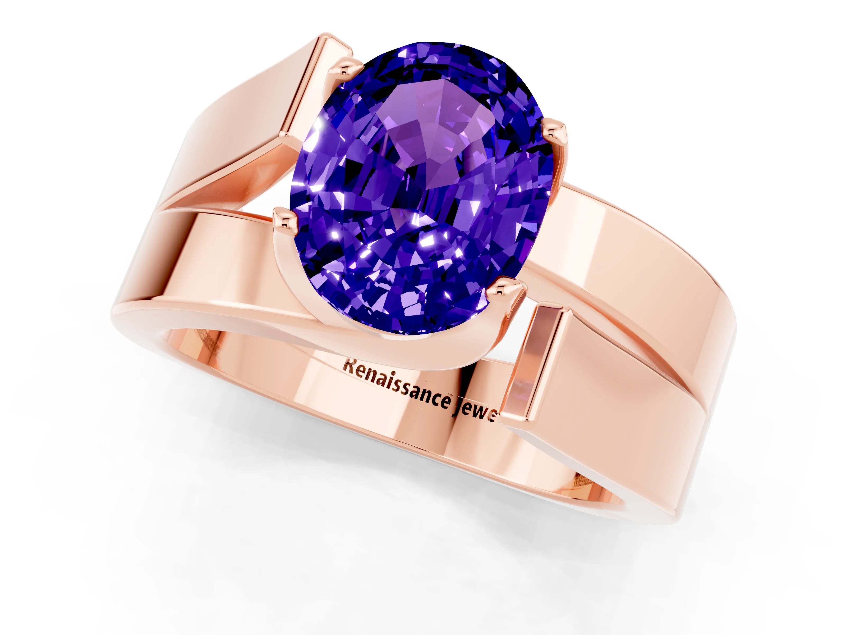 Rose gold Modern Tension Set Oval Cut Tanzanite Solitaire Wide Band Ring_1
