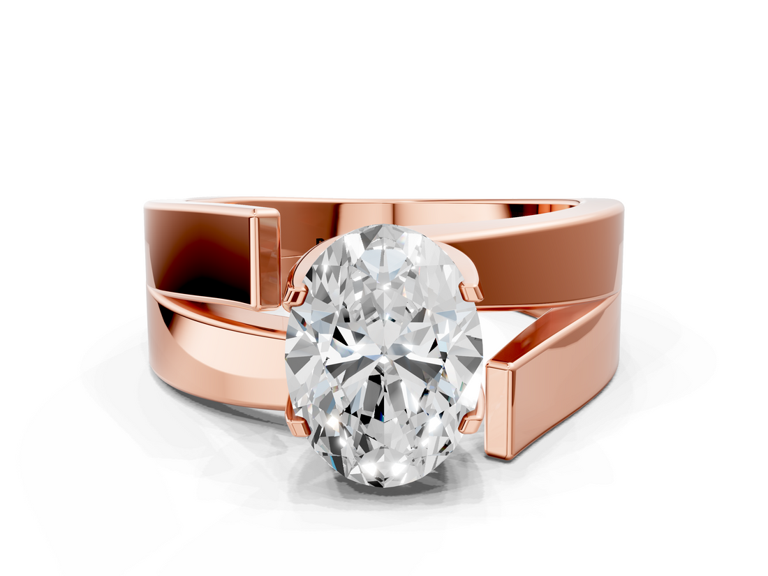 Rose gold Modern Tension Set Oval Solitaire Wide Band Ring_124