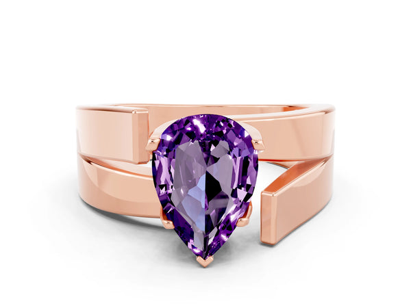 Rose gold Modern Tension Set Pear Cut Amethyst Solitaire Wide Band Ring